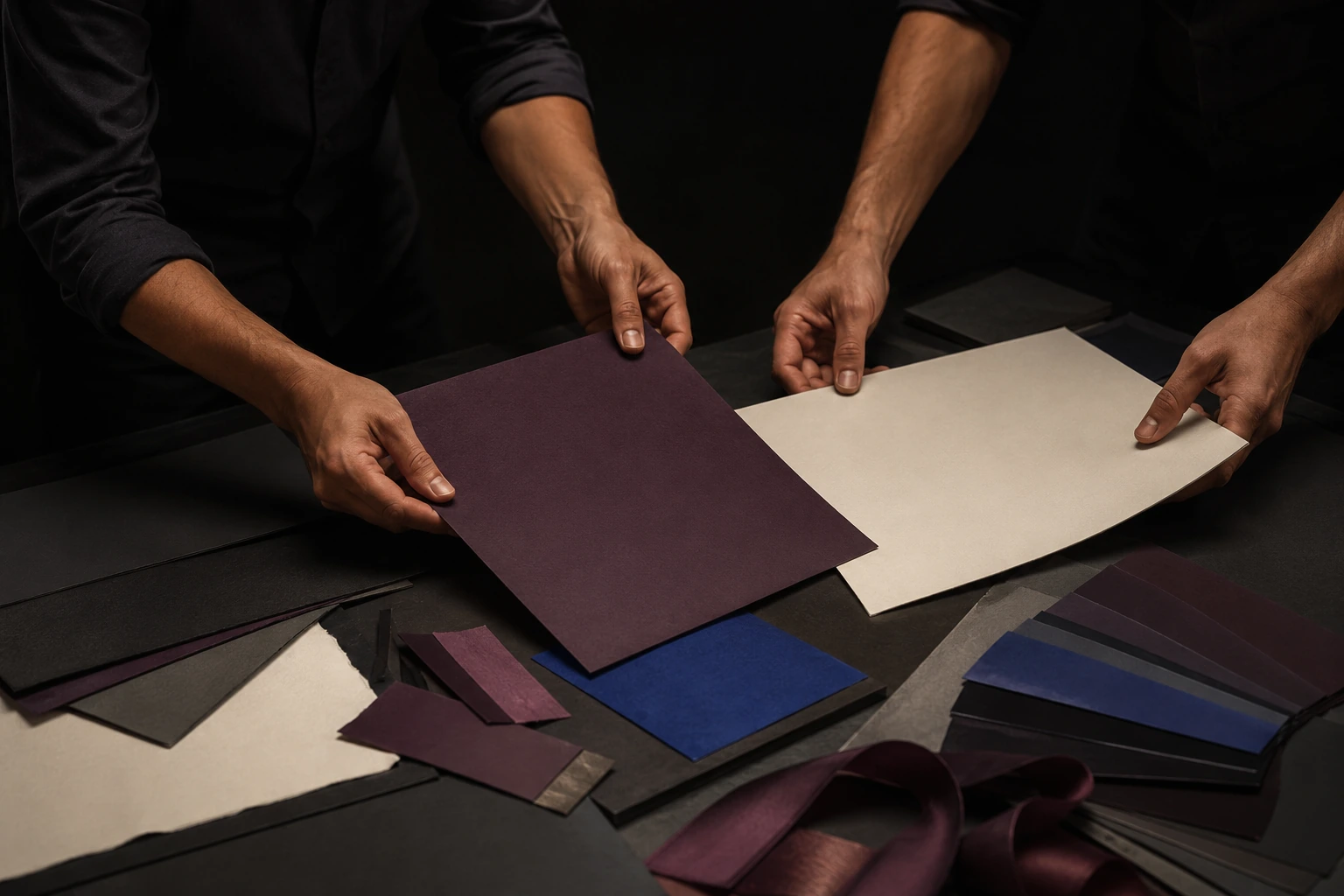 Two pairs of hands over a studio bench checking a printed sheet against a paper dummy, surrounded by swatches and trim offcuts