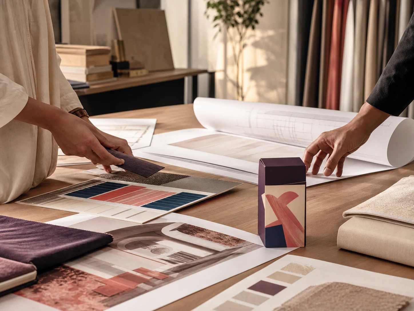 Print consultation table with material swatches, colour proofs, architectural drawings and a packaging sample