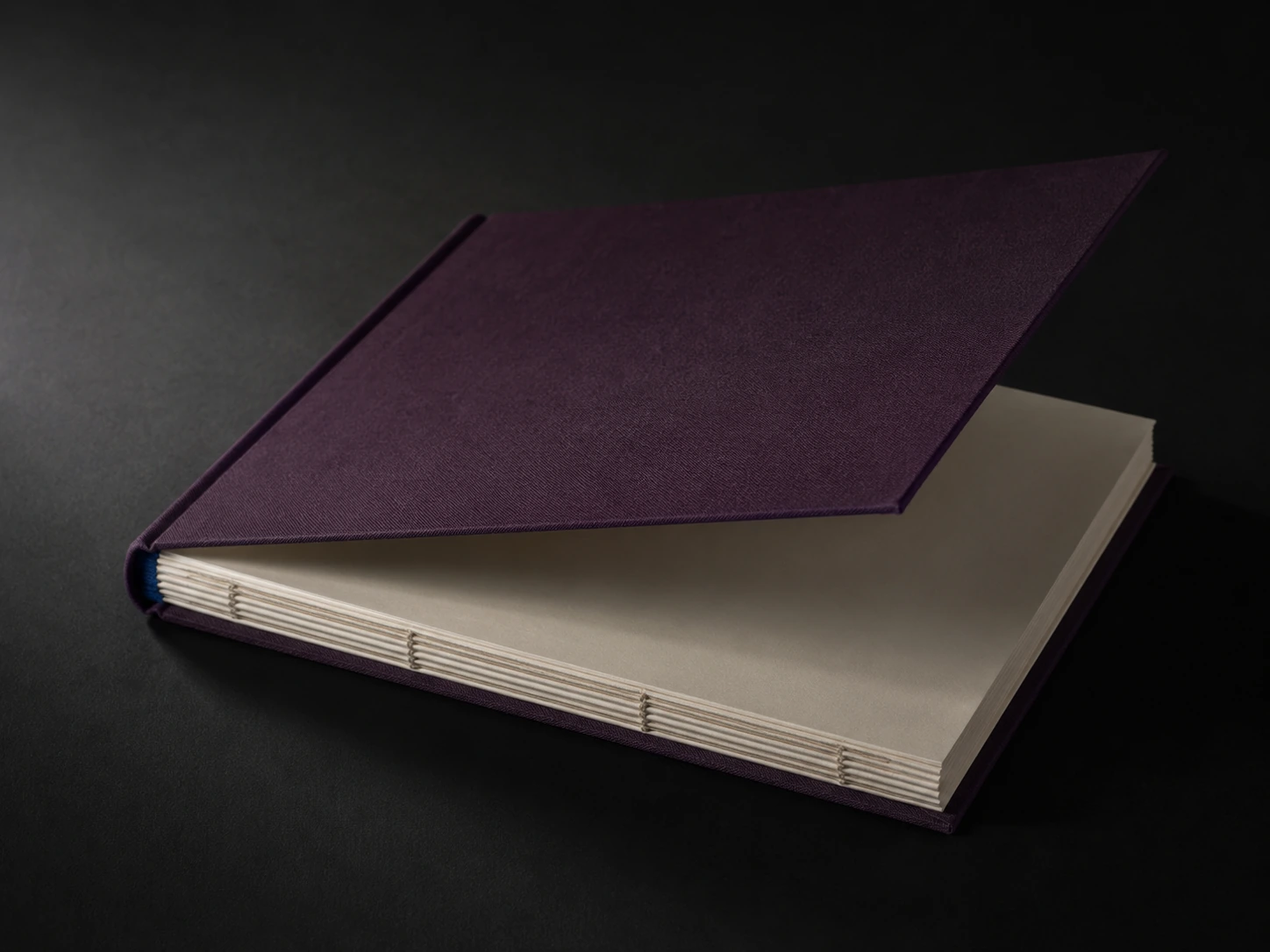 A cloth-covered casebound book in aubergine, front board lifted to show the sewn signatures and rounded spine