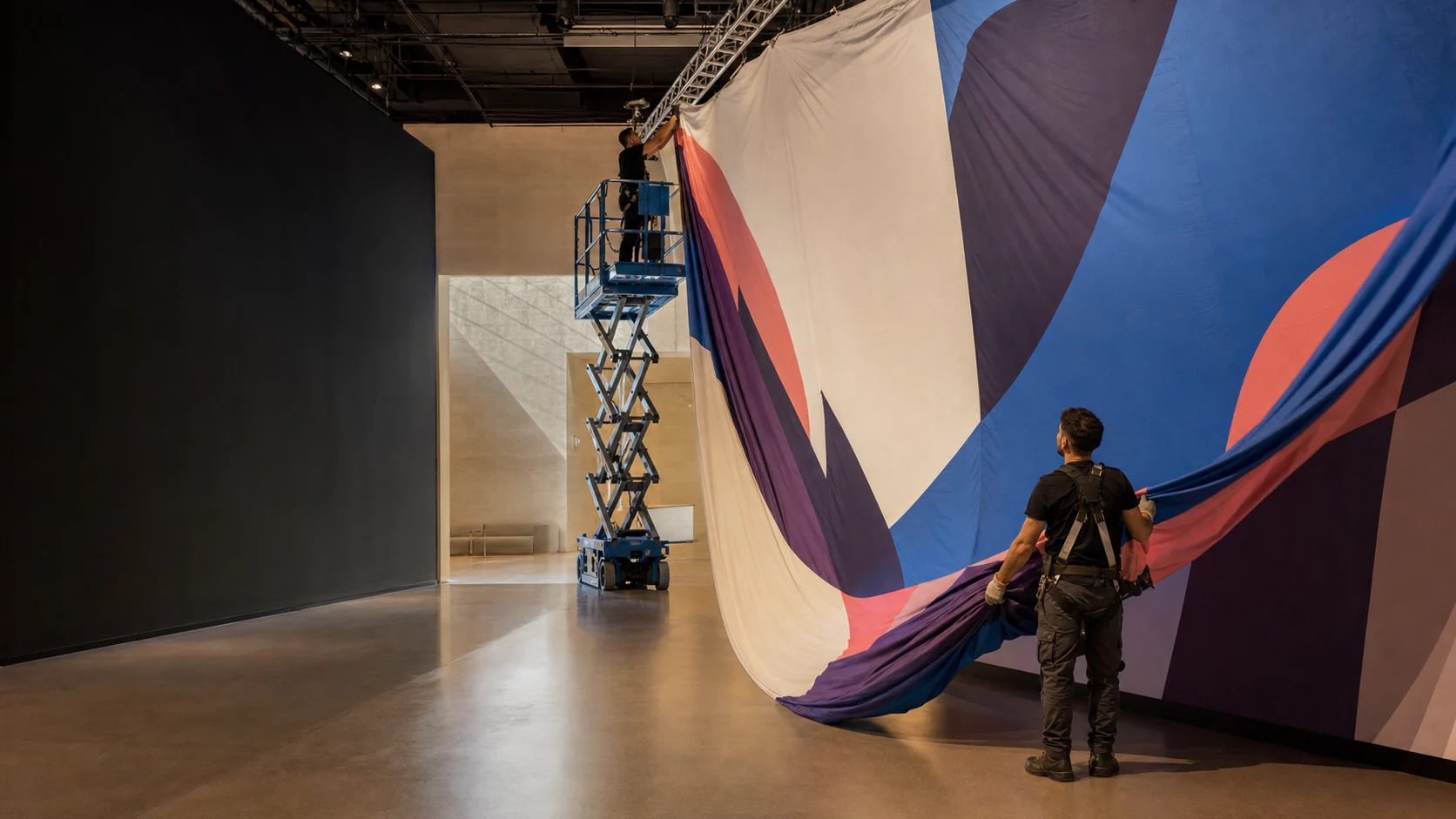 Installation crew tensioning a monumental printed architectural fabric inside an event venue