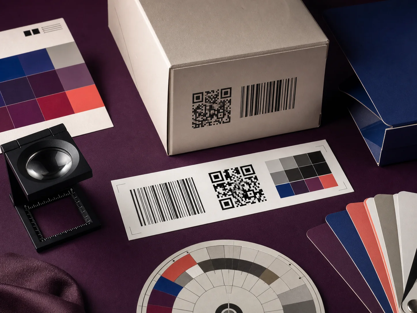 Generic barcode and two-dimensional code print tests on cartons beside a loupe and colour-control targets