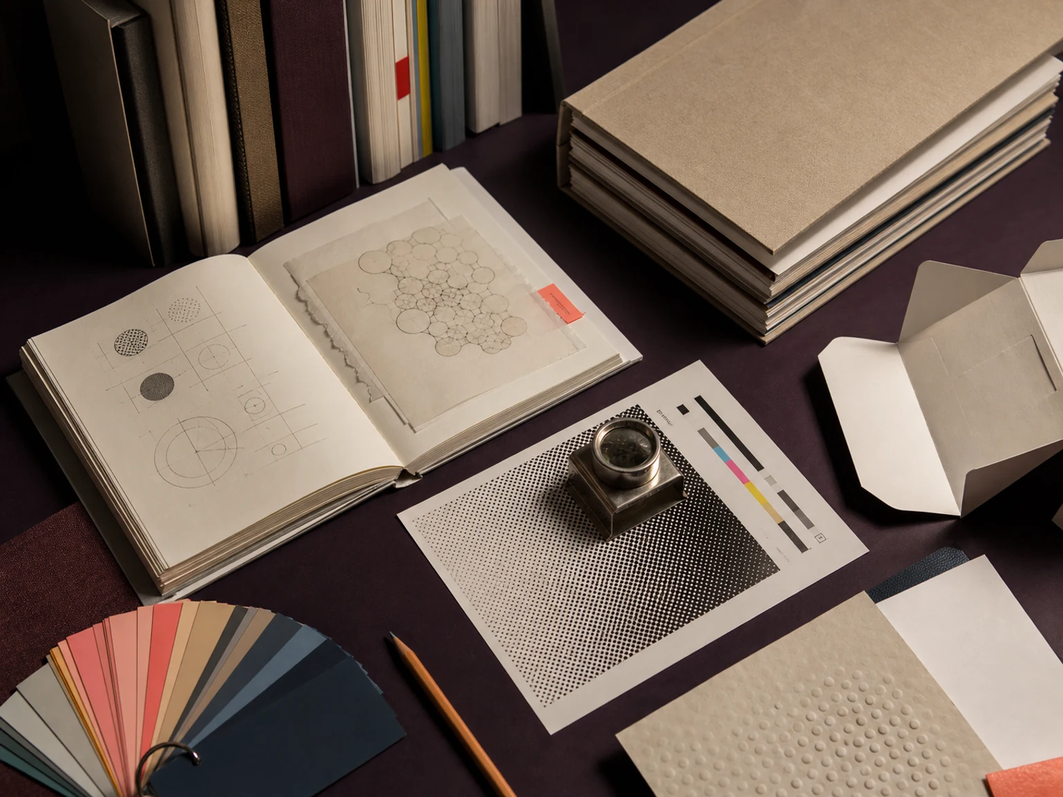 Print production notebook, halftone proof under a loupe, colour chips, paper samples and carton test