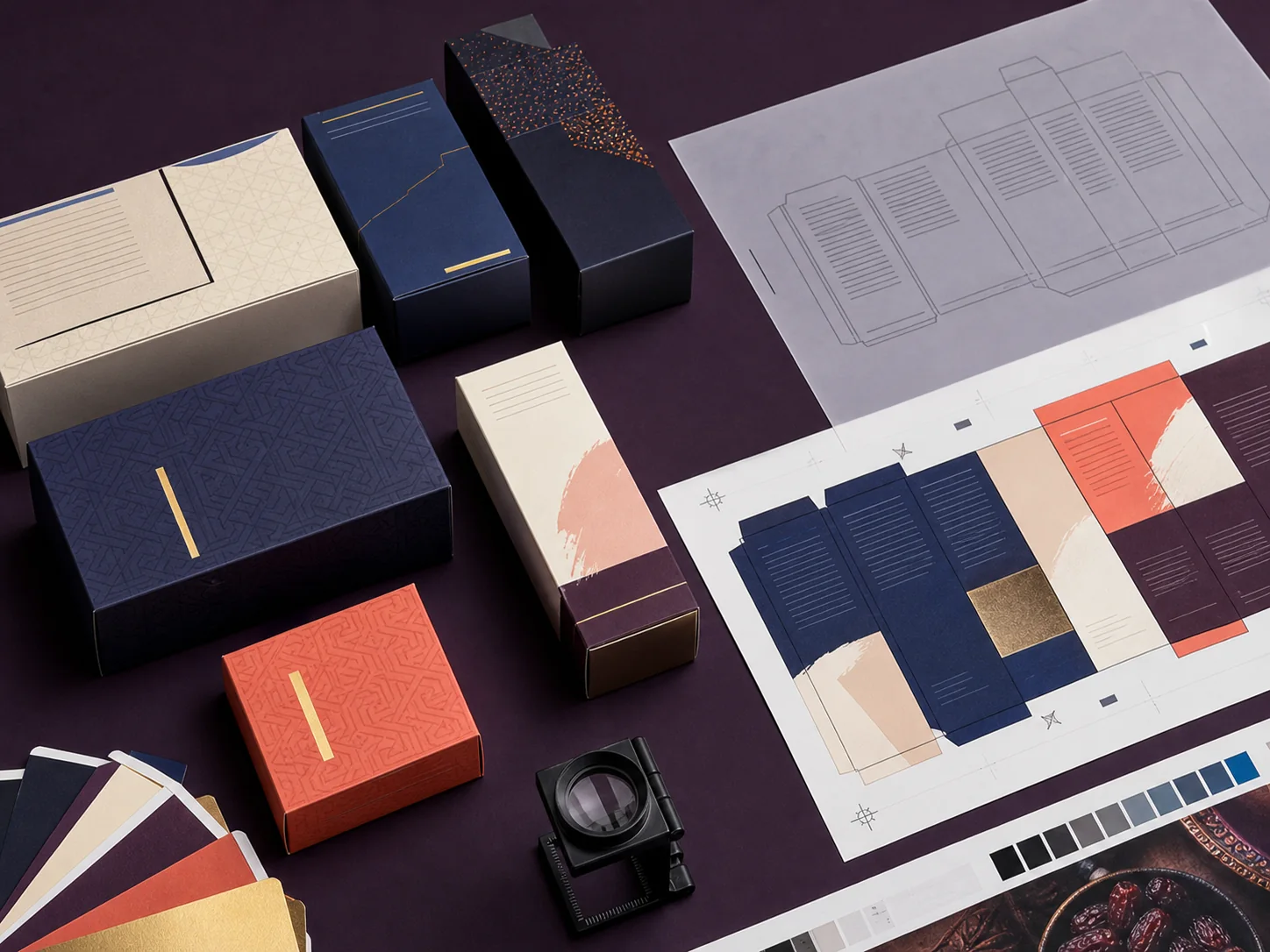 Saudi packaging artwork review with cartons, dielines, material swatches and a print inspection loupe