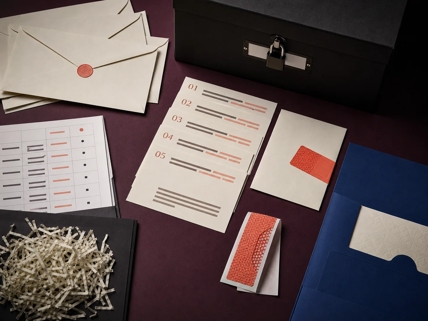 Secure personalised-print workflow with sealed envelopes, redacted data cards, a locked archive box and controlled packing sheets