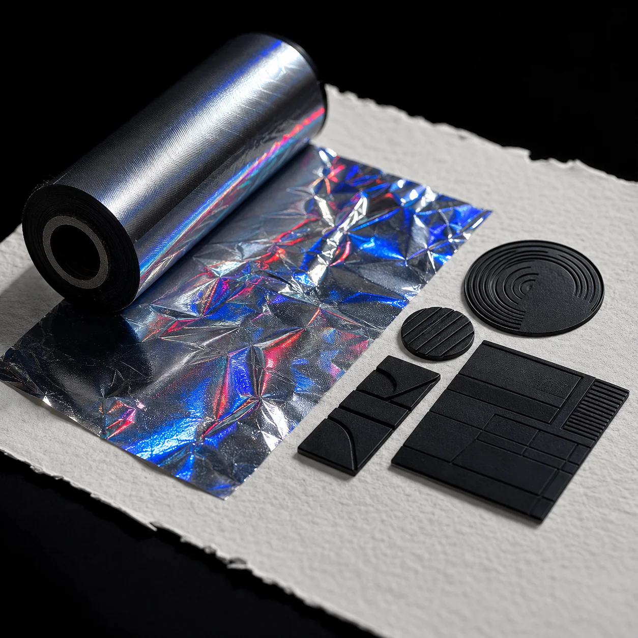 Roll of holographic foil beside matte black stamping dies on bone paper