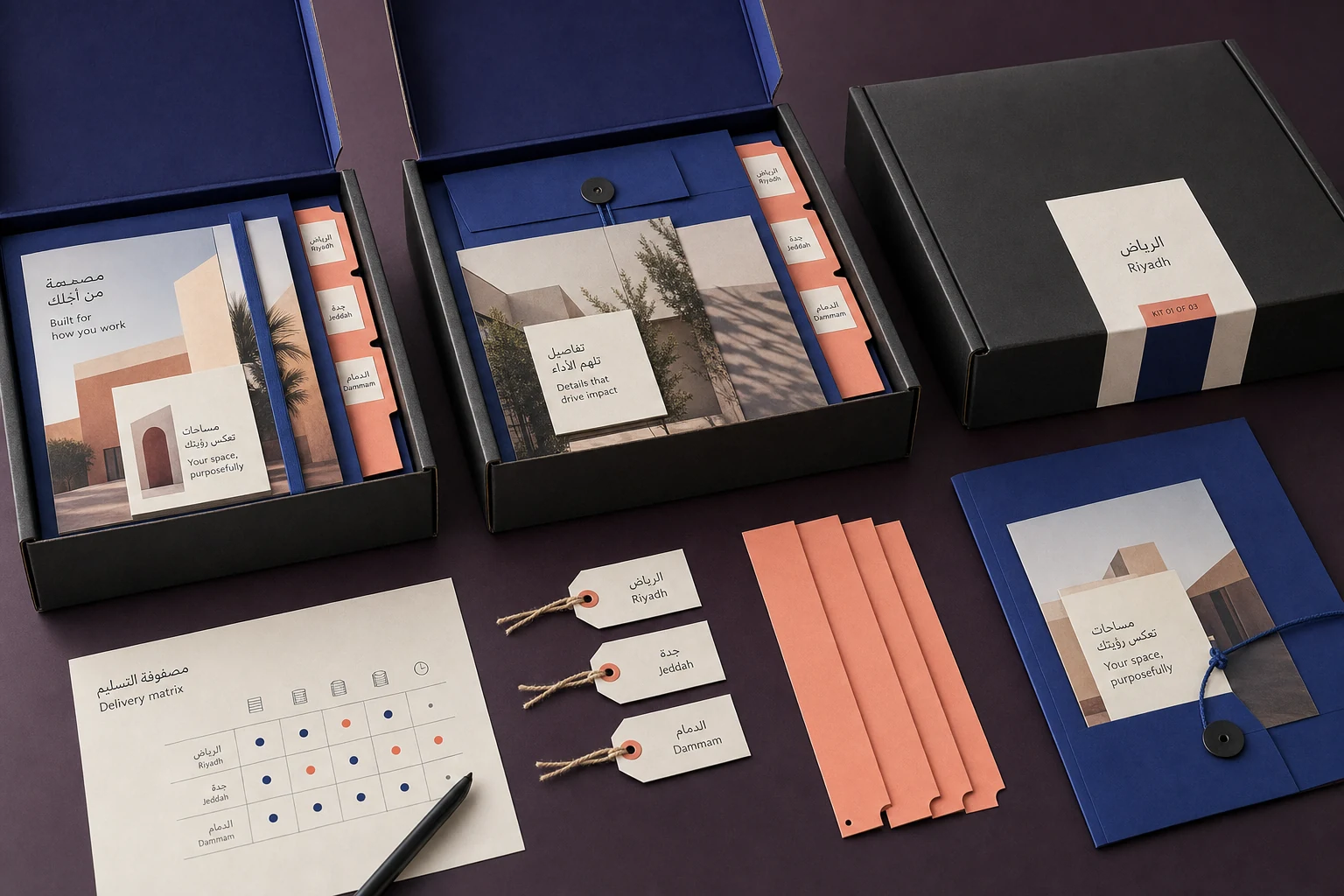 Bilingual campaign print kits organised for Riyadh, Jeddah and Dammam with a delivery matrix and destination tags