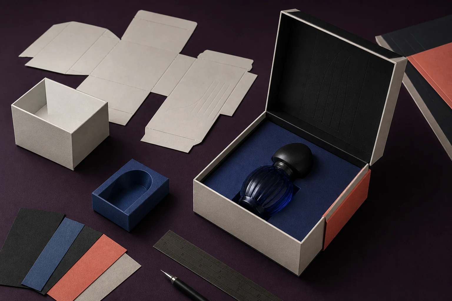 Fragrance packaging prototype with a rigid presentation box, structural dummies, insert test and material swatches