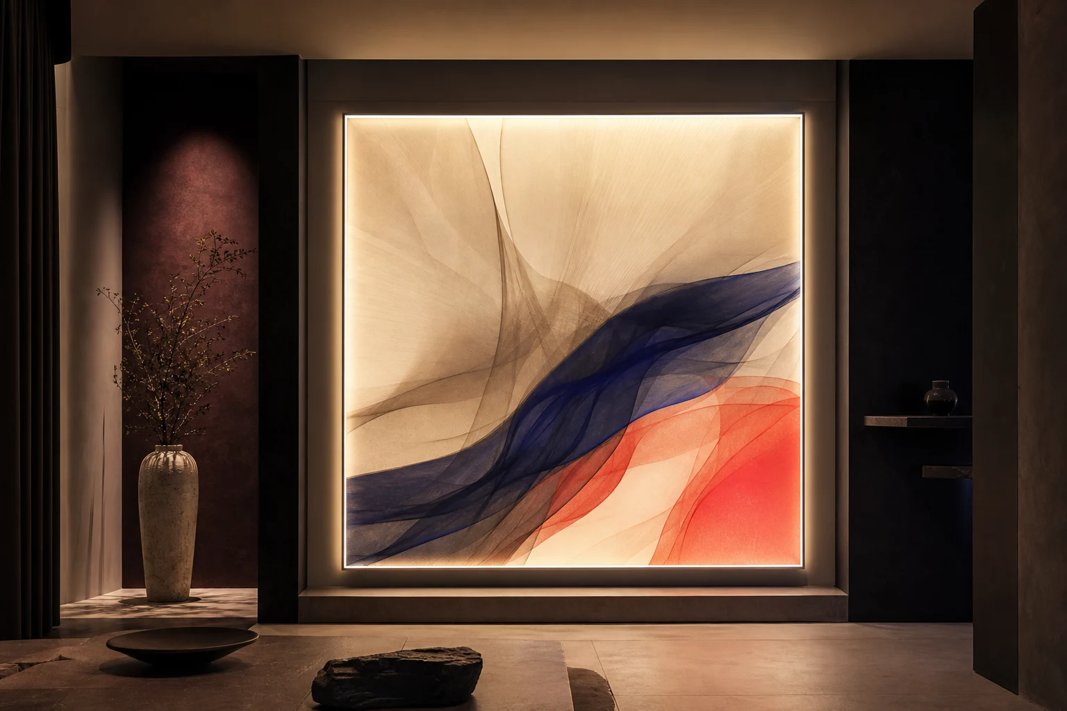 Illuminated backlit graphic panel glowing in a dark refined interior