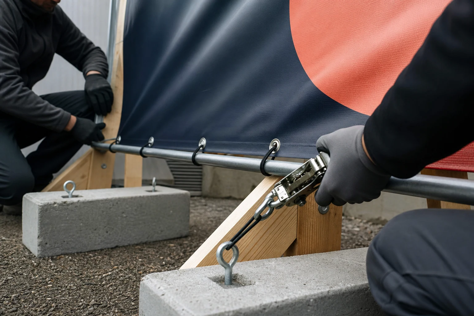 Installers in neutral safety workwear tension-fixing a banner with timber support and concrete ballast