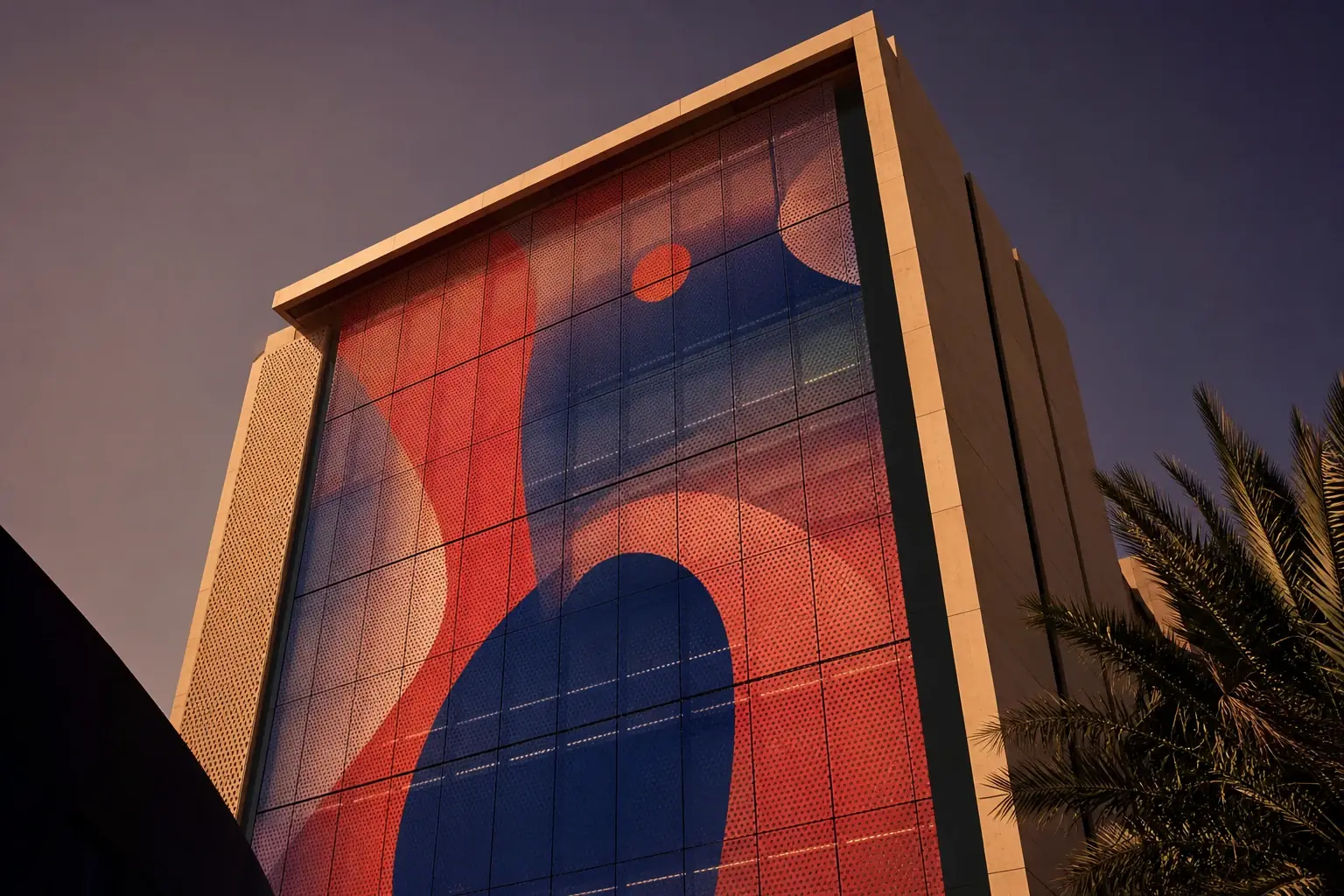 Modern commercial building façade carrying a multi-floor one-way-vision graphic