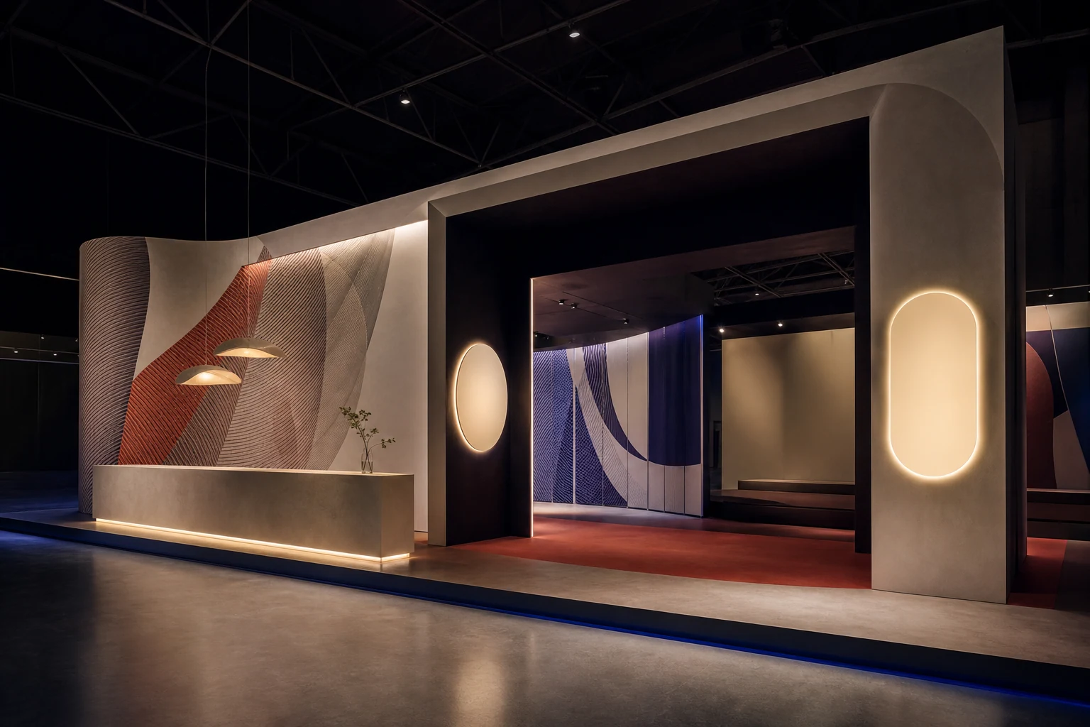 Bespoke exhibition booth with layered printed walls, illuminated forms and counter