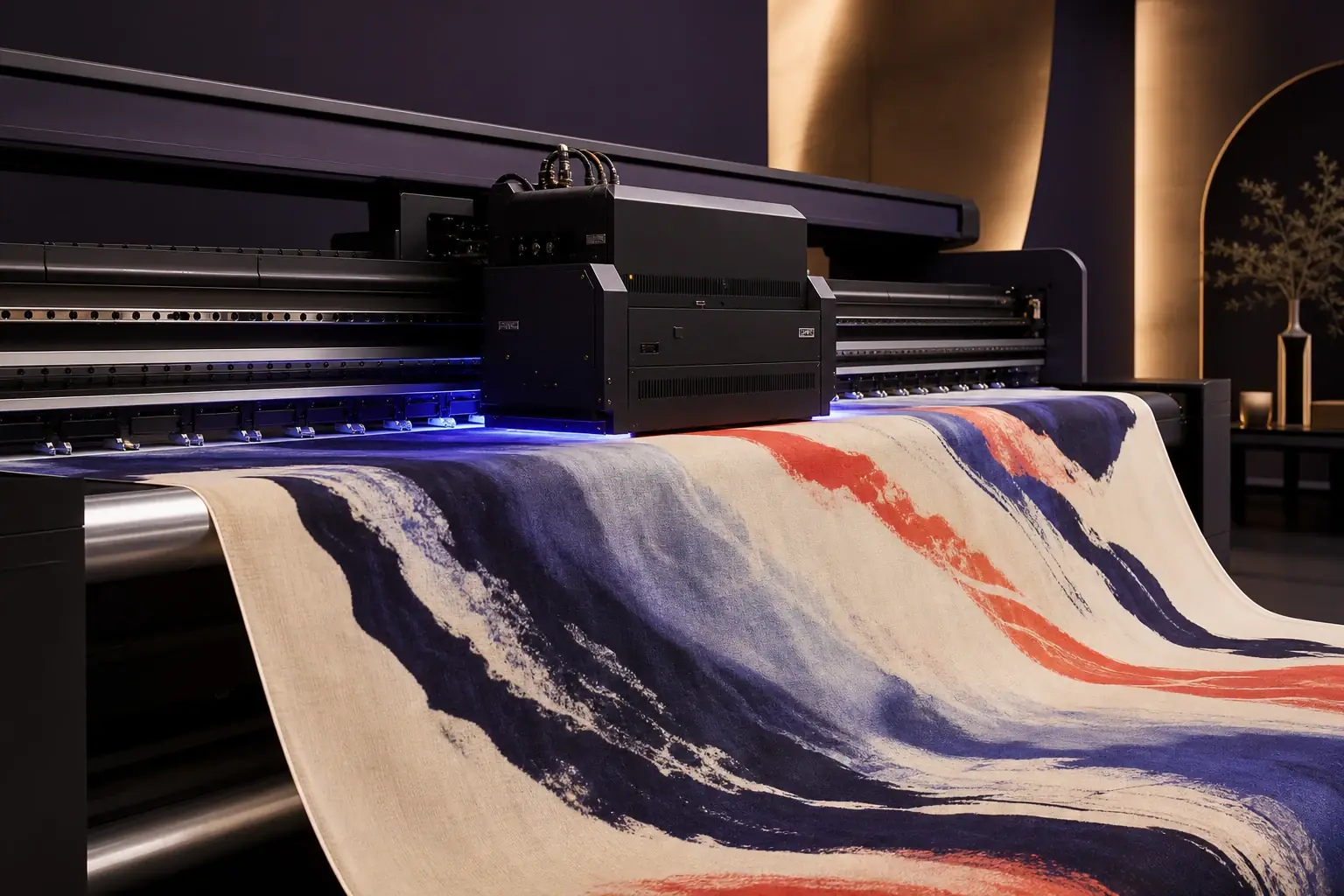 طابعة UV كبيرة الحجم تنتج رسماً واسعاً على قماش للعرض