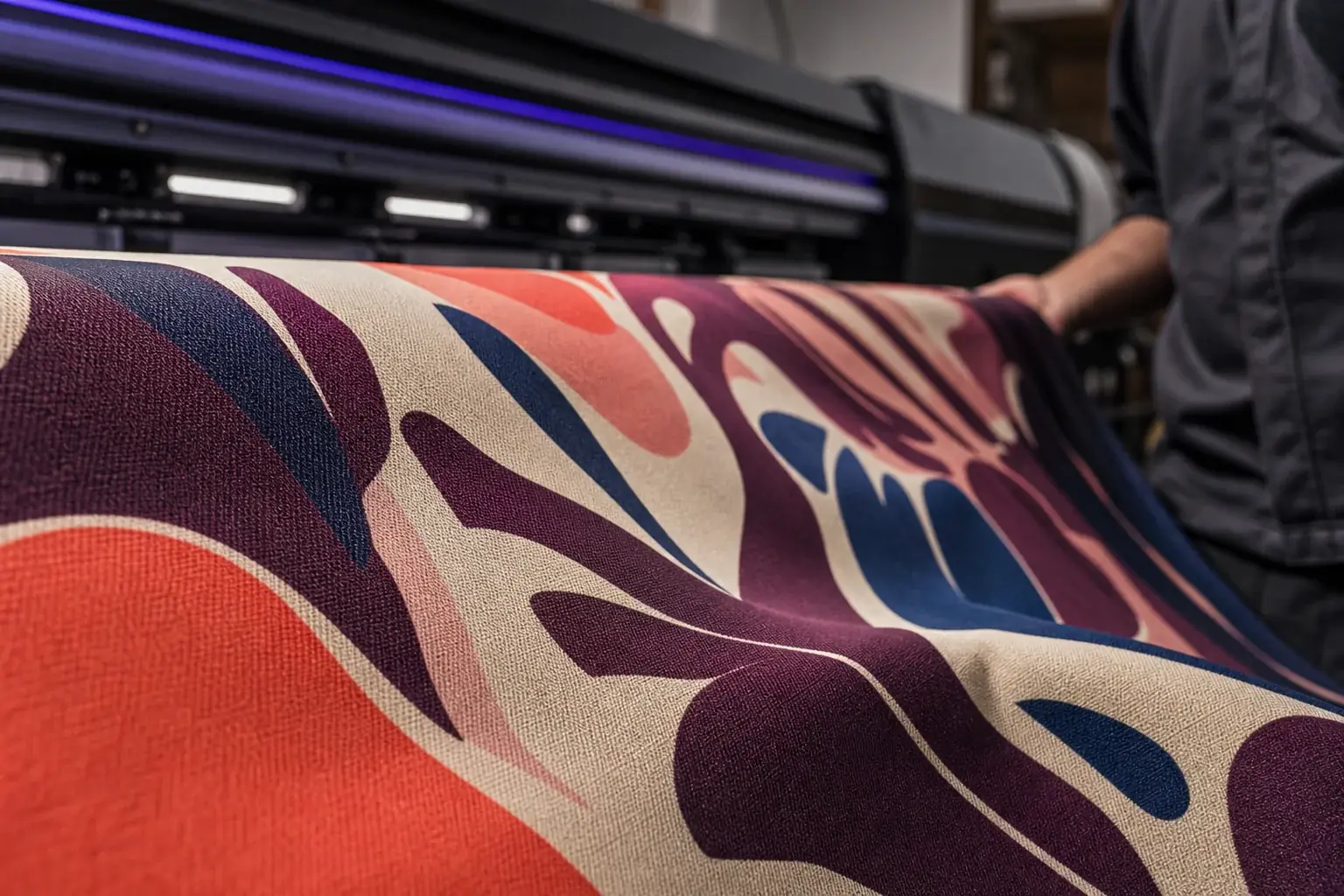 Close view of UV-printed fabric moving through large-format production
