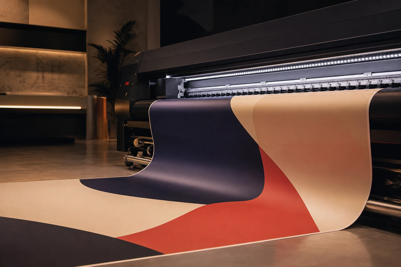Large flexible vinyl graphic emerging from a wide-format printer