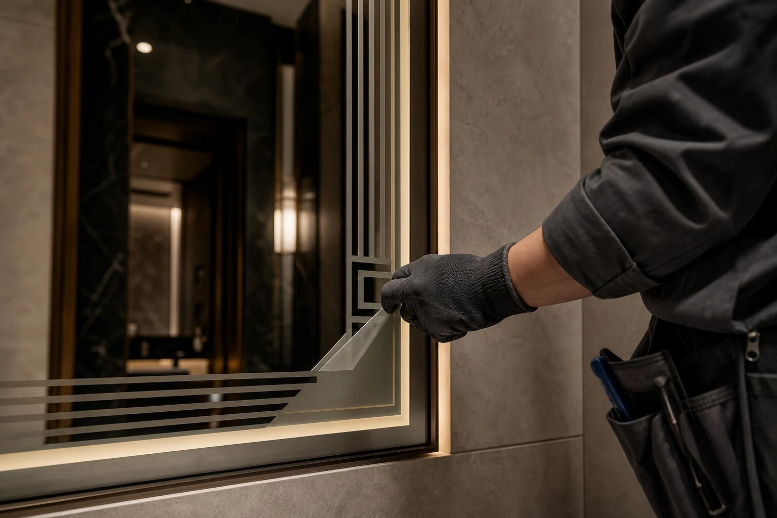 Installer in neutral workwear applying a refined frosted graphic to a hospitality mirror