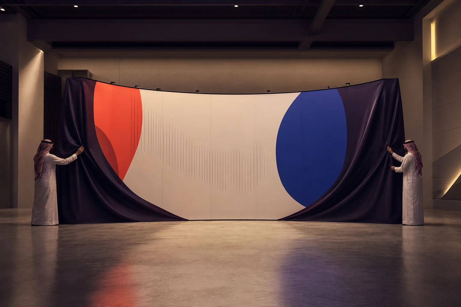 Large curved magnetic pop-up display wall in an empty exhibition hall