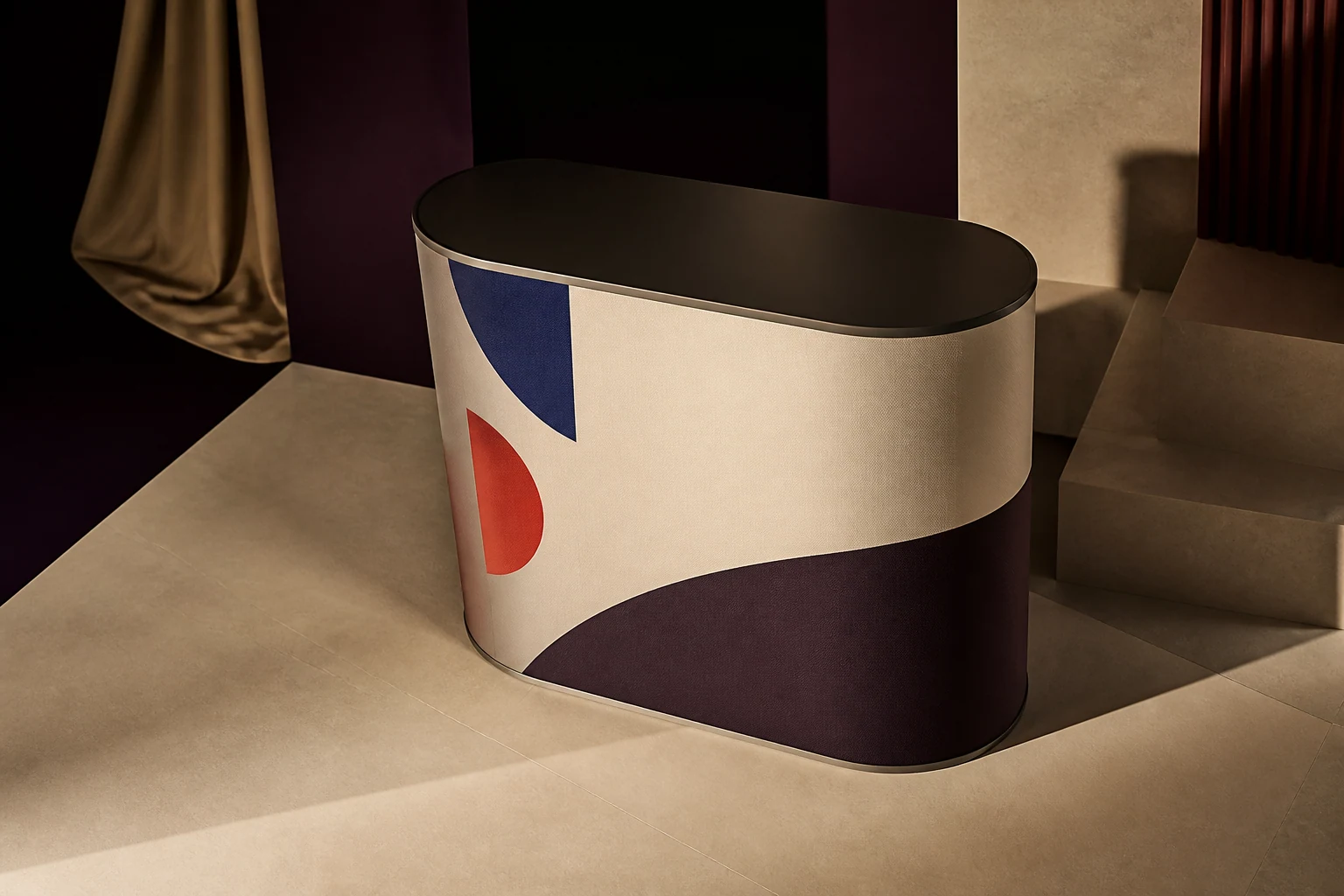 Portable pop-up counter with printed wrap and dark tabletop