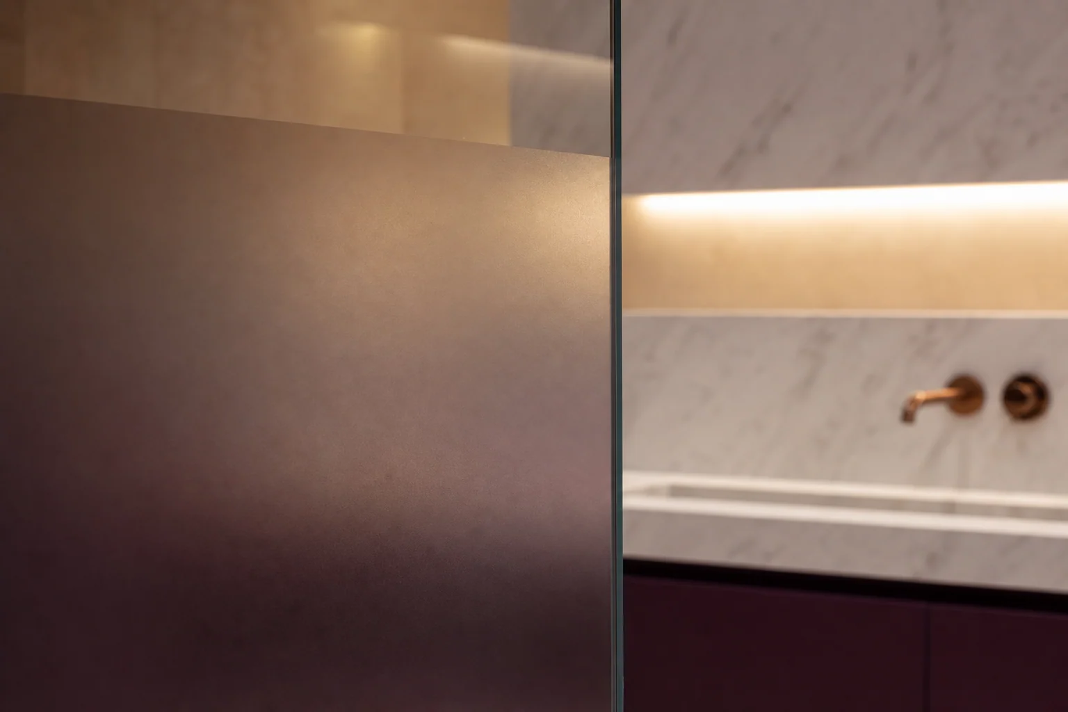 Restroom glass privacy graphics production and installation detail