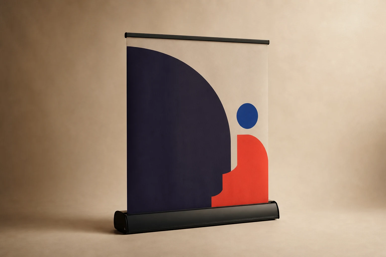 Retractable roll-up banner half extended from a black anodized base