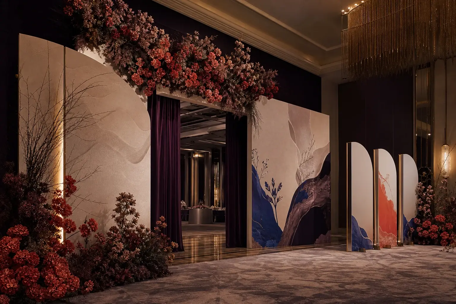 Refined wedding venue entrance backdrop and coordinated wayfinding in an elegant ballroom