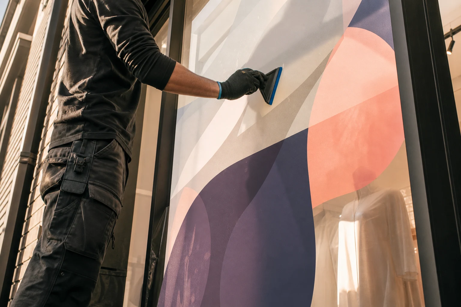 Installer in neutral workwear applying translucent printed film to a retail window