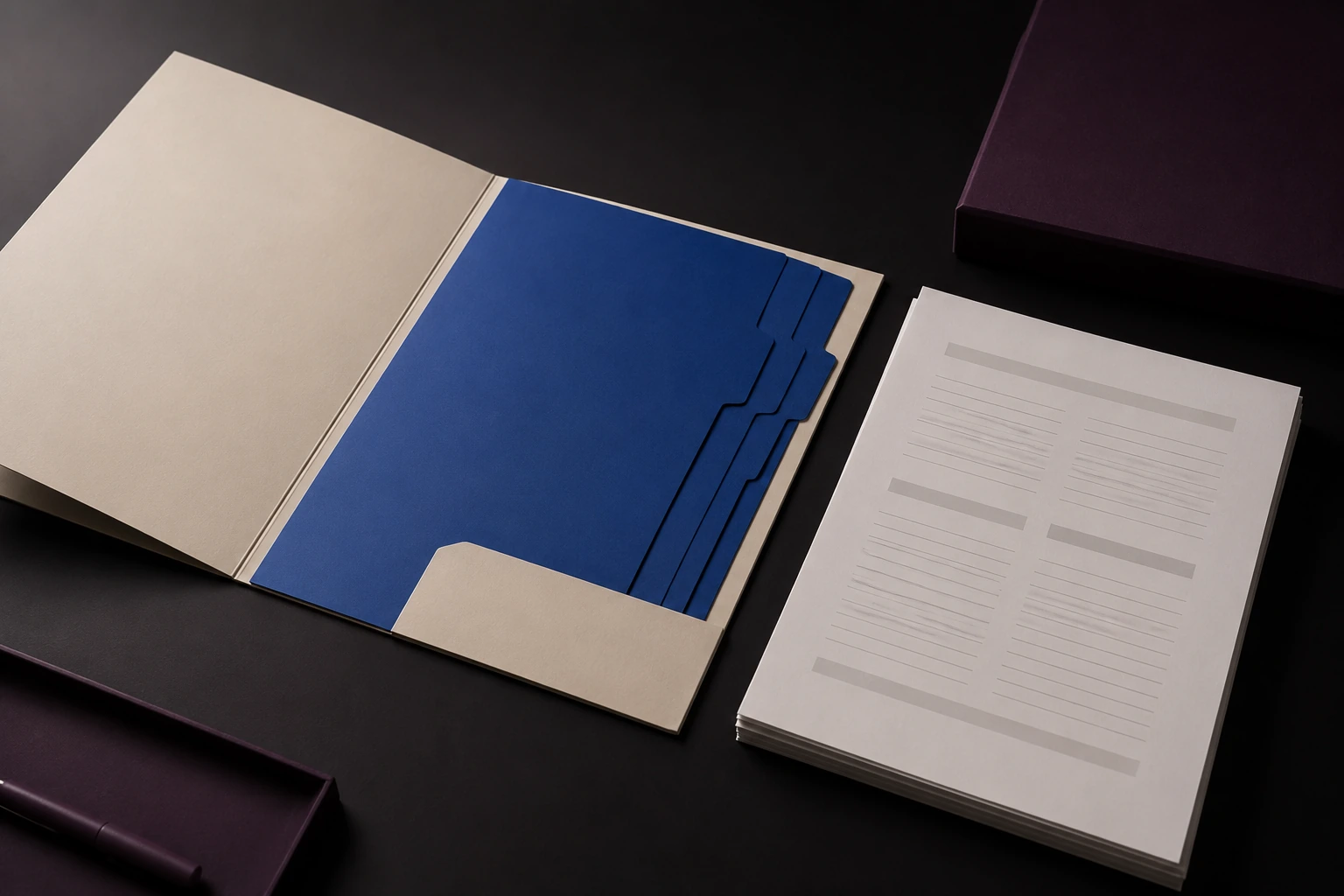 A bone card presentation folder open on a dark desk with cobalt tabbed dividers and a stack of unmarked printed pages