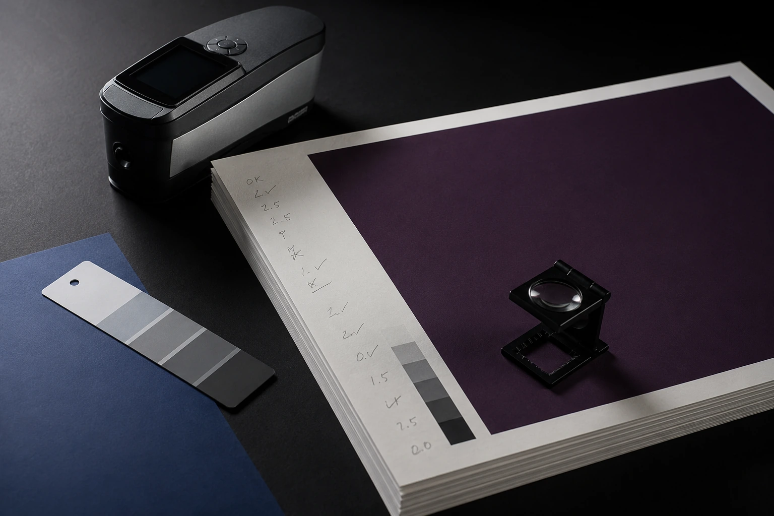 A quality control bench with a spectrophotometer, a printer's loupe, a grey balance strip and a stack of press sheets carrying handwritten approval marks