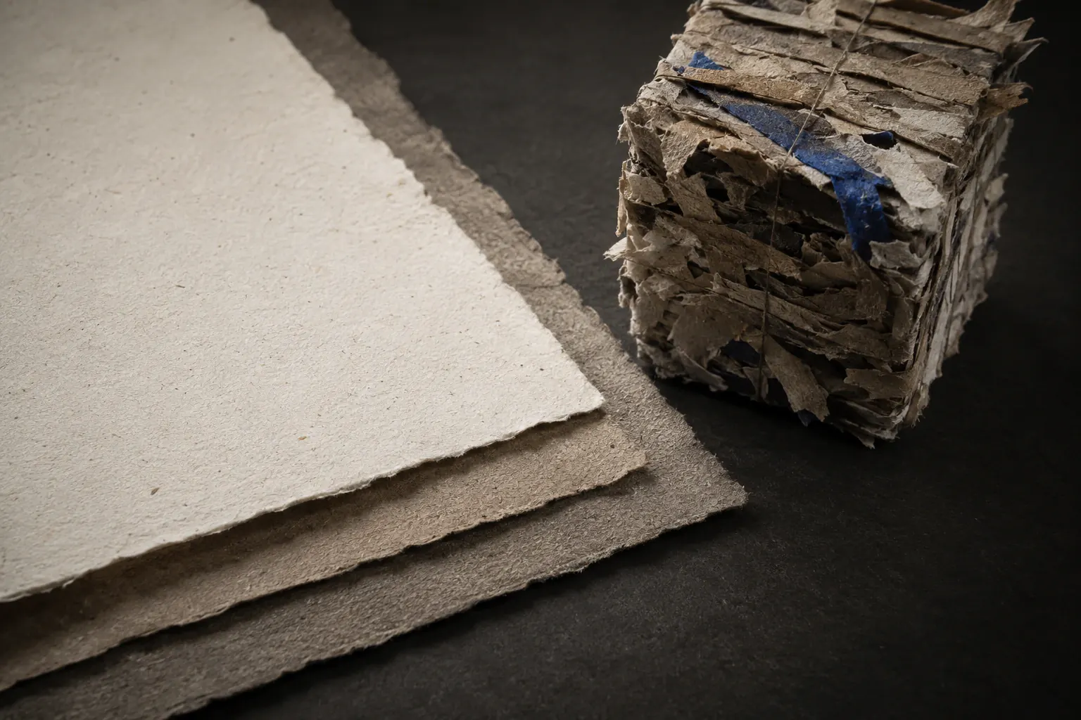 Close study of uncoated recycled board showing fibre flecks and a torn deckle edge, beside a small bale of compressed paper offcuts